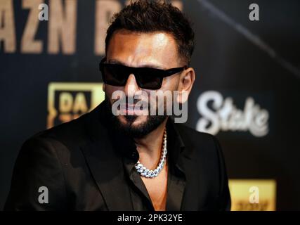 Joe Fournier während einer Pressekonferenz in der Glaziers Hall, London. KSI und Joe Fournier werden am 13. Mai in der OVO Arena Wembley auf Zehenspitzen gehen. Bilddatum: Mittwoch, 5. April 2023. Stockfoto