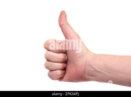 Männerhand mit Daumen nach oben isoliert auf weißem Hintergrund. Ja, okay, eine coole Geste von einem Arm oder einer Person, den Weg zu beschneiden Stockfoto