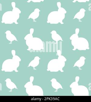 Vektornahtloses Muster einer flachen, von Hand gezeichneten Silhouette von Osterkaninchen und Küken, isoliert auf Minzhintergrund Stock Vektor