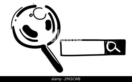 Schwarzes Vergrößerungsglas mit Suchfeld. Internet-Suchkonzept. Stock Vektor