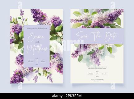 Einladungskarte für Hochzeiten mit Blumenmuster. Aquarelle Fliederblüten. Stock Vektor