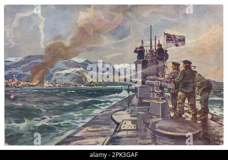 Deutsche historische Postkarte: Marinesoldaten der Deutschen Kaiserlichen Marine schießen mit einem U-Boot auf Alexandrowsk in Murmansk, 1917 Stockfoto