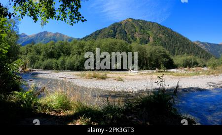 Winziger, klarer, kalter Bach mit Kieselsteinen im Arkhyz Mountain Ridge - Foto der Natur Stockfoto