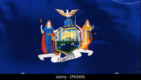 Detail der New Yorker Staatsflagge. Blauer Hintergrund mit Staatswappen. Flatternde Textilien. Strukturierter Hintergrund. Rendern der 3D-Darstellung. Cl Stockfoto