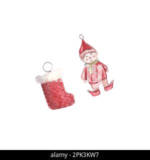 Weihnachtsspielzeug Gnom-Socken auf weißem Hintergrund. Aquarelle Neujahrszeichnung. Weihnachtsdekorationen. Rote, gelbe und blaue Kugel. Weihnachten. Neu Stockfoto