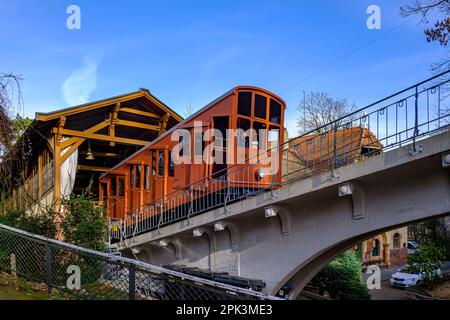 Ein renovierter Bus der Oberen Heidelberger Bergbahn verlässt den Bahnhof Molkenkur in kleiner Gaisberg, Heidelberg, Baden-Württemberg. Stockfoto