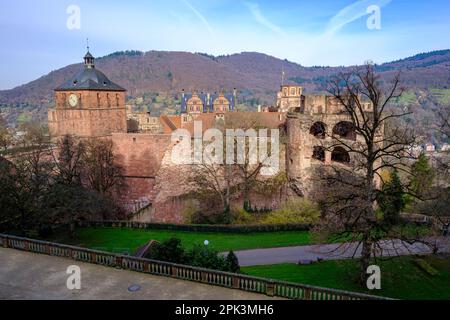 Heidelberger Schloss und Garten von Süden aus gesehen, Heidelberg, Baden-Württemberg, Deutschland, Europa. Stockfoto