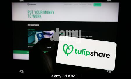 Person, die ein Mobiltelefon mit dem Logo der Aktivisten-Investmentgesellschaft Tulipshare Ltd. Auf dem Bildschirm vor der Webseite hält. Konzentrieren Sie sich auf das Display des Telefons. Stockfoto