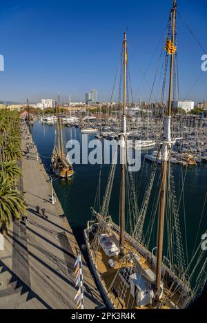 Moll de la Fusta Dock und Passeig de Colom Avenue zu Weihnachten vom Riesenrad von Port Vell aus gesehen (Barcelona, Katalonien, Spanien) Stockfoto