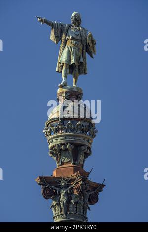 Skulptur von Christoph Kolumbus am Kolumbus-Denkmal in Barcelona (Katalonien, Spanien) ESP: Escultura de Cristóbal Colón en el monumento a Colón Stockfoto