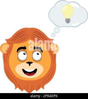 vektorbild eines Löwen-Tier-Cartoons, ein Wolkengedanke mit einer Glühbirne, im Konzept guter Idee, Kreativität und Innovation Stock Vektor