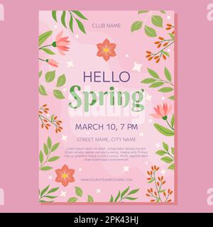 Vorlage für Partyposter mit pinkfarbenen Blumen und grünen Blättern, eingerahmt auf pinkfarbenem Hintergrund mit dem Text „Hello Spring“. Dieses Format ist perfekt für Frühlingsveranstaltungen und -Feiern und wird Sie begeistern und Ihren Designs einen Hauch von Eleganz verleihen. Stock Vektor