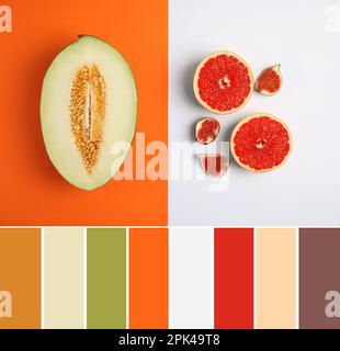 Farbpalette und Zusammensetzung mit frischem Obst, Draufsicht Stockfoto