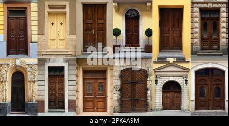 Collage mit Fotos von alten Gebäuden mit eleganten Holztüren. Bannerdesign Stockfoto