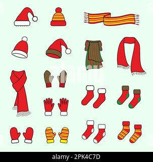 Mütze, Schal, Fäustlinge, Handschuhe, Socken. Weihnachtsaccessoires. Stock Vektor