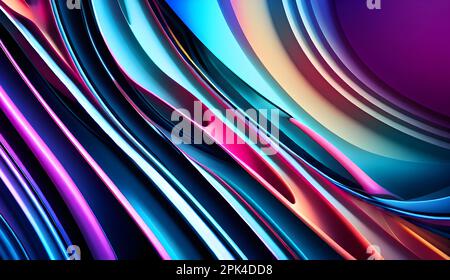 Abstrakte Darstellung von 3D schillernden, welligen, chromatischen Formen. Moderner heller Hintergrund mit geschwungener futuristischer Struktur. Farbenfrohes, fließendes Design im Hintergrund Stockfoto