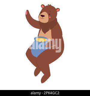 Ein Bär, der das Glas mit Honig hält. Teddybär isst Honig, Honigliebhaber-Vektorbild Stock Vektor