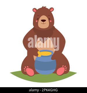 Süßer Bär, der Honig isst. Honigliebhaber, Teddybär, der mit einem Glas Honigvektor-Illustration sitzt Stock Vektor