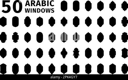 Eine Reihe islamischer Zierfenster. Arabische Fenster bogenförmig für Moschee, muslimische Architektur. Traditionelles islamisches Design. Stock Vektor