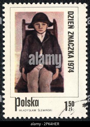 Ein in POLEN gedruckter Stempel zeigt Tagesstempel 1974, Painting 'Orphan from Poronin' von Wladyslaw Slewinski , circa Stockfoto