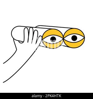 Man Hand hält ein Fernglas. Das Konzept der neuen Forschung, des Wissens und der Forschung. Vektordarstellung mit dünnen Linien auf Weiß Stock Vektor
