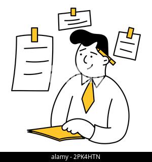 Attraktiver Geschäftsmann schreibt Notizen auf Papier und Aufklebern, entwickelt ein Projekt im Büro, führt Analysen durch, engagiert sich in kreativem Denken, macht ein l Stock Vektor
