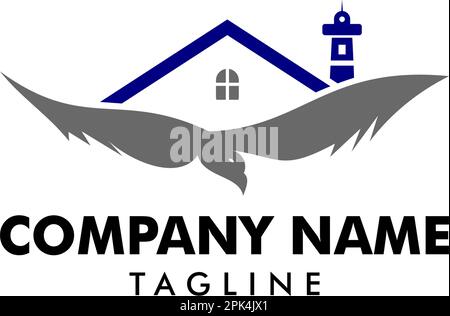 Möwe mit Häusern und Leuchtturm Logo-Vektor-Abbildung Stock Vektor