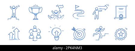 Symbol für erfolgreiche Karriere im Unternehmen. Success Leader Doodle Line Sketch Award, Zertifikat, Trophäe. Symbol für Karriere, Fortschritt, Siegerkonzept. Bearbeitbare Stiftkontur der Kontur. Vektordarstellung. Stock Vektor
