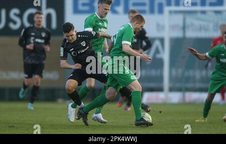 Rodinghausen, Deutschland. 05. April 2023. firo : 05.04.2023 Fußball, Fußball, Saison der Regional League, erste Liga 2022/2023, SV Rodinghausen - SC Preussen Munster, SCP, Preussen Münster Duels, Darius Ghindovean Credit: dpa/Alamy Live News Stockfoto