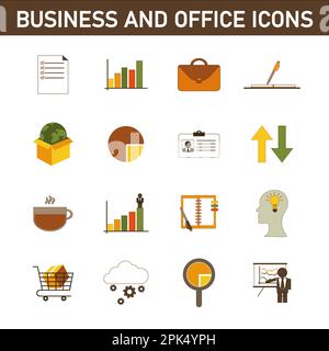 Eine Sammlung mehrfarbiger Flachsymbole zum Thema: Geschäft und Büro. Isoliert auf weißem Hintergrund. Stockfoto