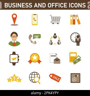 Eine Sammlung mehrfarbiger Flachsymbole zum Thema: Geschäft und Büro. Isoliert auf weißem Hintergrund. Stockfoto