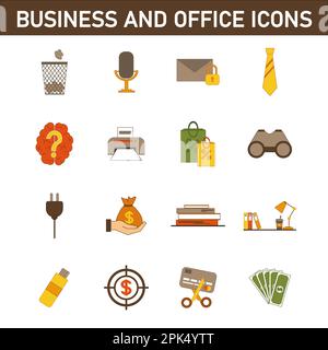 Eine Sammlung mehrfarbiger Flachsymbole zum Thema: Geschäft und Büro. Isoliert auf weißem Hintergrund. Stockfoto