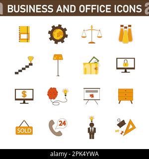 Eine Sammlung mehrfarbiger Flachsymbole zum Thema: Geschäft und Büro. Isoliert auf weißem Hintergrund. Stockfoto