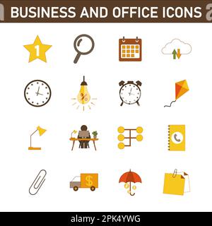 Eine Sammlung mehrfarbiger Flachsymbole zum Thema: Geschäft und Büro. Isoliert auf weißem Hintergrund. Stockfoto