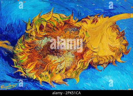 Zwei geschnittene Sonnenblumen, Vincent Van Gogh-Gemälde. Stockfoto
