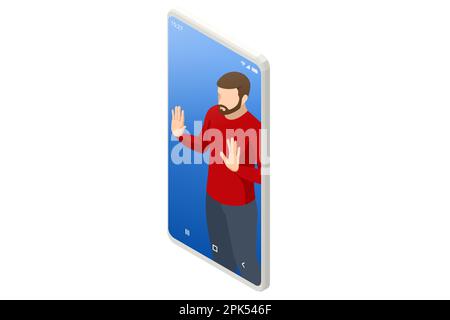 Isometrischer männlicher Gefangener, gefangen im Telefon. Pathologische sucht nach sozialen Netzwerken, Videos, Nachrichten. Die Person hat Telefonsucht, FOMO und Stock Vektor