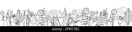 Blumenkontur auf weißem Hintergrund. Handgezeichnete wilde Blüten und Kräuterränder. Zarte Wiesenblumen. Botanical Abstracts Frame Base. Horizontales EPS-Banner Stock Vektor