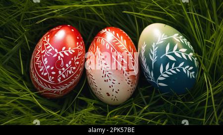 Traditionell dekoriertes Osterei in der Mitte des Rasens. Osterschokolade im Garten. Draufsicht. Stockfoto