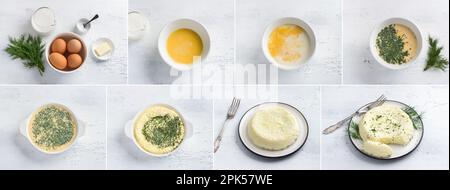 Omelette mit Milch und Kräutern auf hellblauem Hintergrund, Draufsicht, Collage. Gesundes hausgemachtes Essen Stockfoto