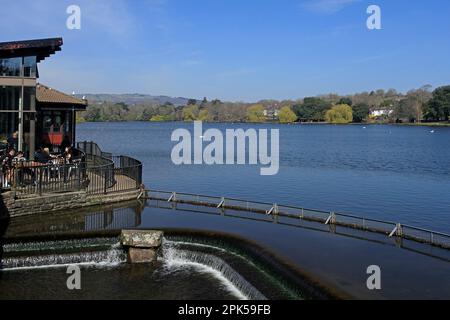 Roath Park Café am See mit Sitzgelegenheiten im Freien. Überlaufwaage/Schleuse. April 2023. Frühling. Stockfoto