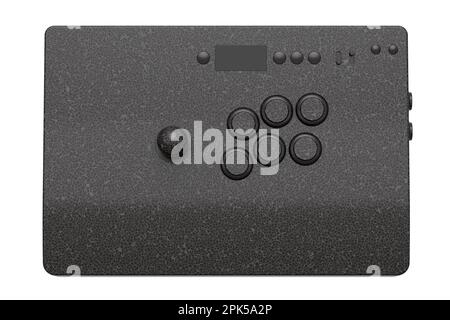 Klassischer Arcade-Stick mit Joystick und Tasten in Turnierqualität mit nahtlosem Mosaikmuster auf weißem Hintergrund. 3D-Rendering von Spielautomaten, Streami Stockfoto