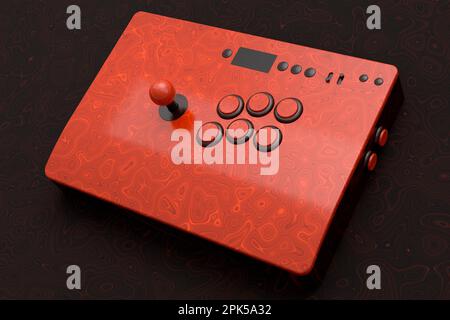 Klassischer Arcade-Stick mit Joystick und Tasten in Turnierqualität mit nahtlosem Wellenmuster auf dunklem Hintergrund. 3D-Rendering von Spielautomaten, Streaming Stockfoto