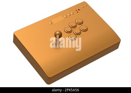 Klassischer Arcade-Stick mit Joystick und Knöpfen in Turnierqualität mit vergoldeter Chromstruktur auf weißem Hintergrund. 3D-Rendering von Spielautomaten, Streaming g Stockfoto