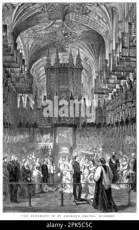 Gravur der Hochzeitszeremonie für Prinz Arthur, Herzog von Connaught (1850-1942), siebte Kinder von Königin Victoria und Prinz Albert und Prinzessin Louise von Preußen in St. George's Chapel, Windsor, 1879 Stockfoto