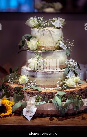 Hochzeitstorte, dreistöckiger Kuchen, Schichten, auf Holzblock. Stockfoto