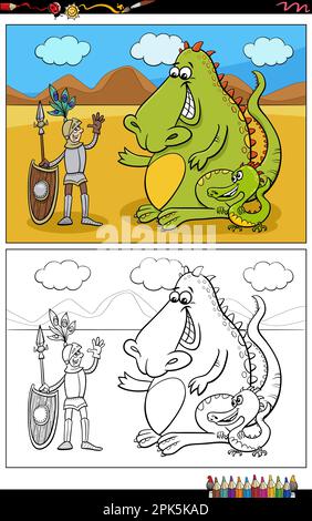 Comic humorvolle Fantasie Illustration von Drachen und Ritter, die eine freundliche Talk Malseite haben Stock Vektor