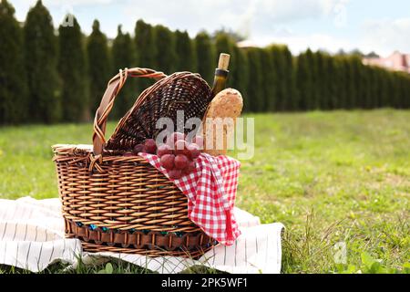 Picknickkorb mit einer Flasche Wein, Brot, Trauben, Serviette und Decke auf grünem Gras im Freien, Platz für Text Stockfoto