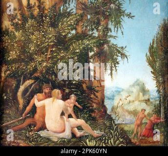 Landschaft mit Familie Satyr, gemalt von Albrecht Altdorfer von der Deutschen Renaissance Donauschule. Stockfoto