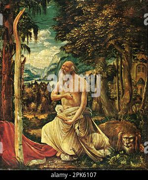 Der ruhende Heilige Jerome in der Wildnis, gemalt von Albrecht Altdorfer von der Deutschen Donauschule für die Renaissance. Stockfoto