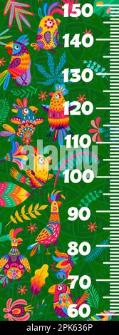 Lineal für Kinder-Größentabelle. brasilianische und mexikanische Cartoon-Papageien im Dschungelvektormeter. Messen Sie den Maßstab mit exotischen Vögeln, tropischen Pflanzen und Blumen für Stock Vektor